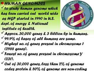 HUMAN GENOMICS
to study human genome which
has been carried out world wide
as HGP started in 1990 in U.S.
dept. of energy & National
institute of health.
Approx. 30,000 genes & 3 billion bp in humans.
99.9% of bases of all humans are same.
Highest no. of genes present in chromosome 1
(2968 genes).
Fewest no. of genes present in chromosome Y
(231).
Out of 30,000 genes, less than 2% of genome
codes protein & 50% of genome are non-coding
 