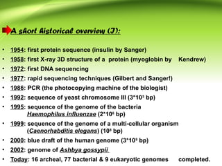 A short historical overview (I):
• 1954: first protein sequence (insulin by Sanger)
• 1958: first X-ray 3D structure of a protein (myoglobin by Kendrew)
• 1972: first DNA sequencing
• 1977: rapid sequencing techniques (Gilbert and Sanger!)
• 1986: PCR (the photocopying machine of the biologist)
• 1992: sequence of yeast chromosome III (3*105
bp)
• 1995: sequence of the genome of the bacteria
Haemophilus influenzae (2*106
bp)
• 1999: sequence of the genome of a multi-cellular organism
(Caenorhabditis elegans) (108
bp)
• 2000: blue draft of the human genome (3*109
bp)
• 2002: genome of Ashbya gossypii
• Today: 16 archeal, 77 bacterial & 9 eukaryotic genomes completed.
 