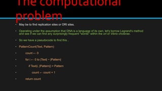 The computational
problem• May be to find replication sites or ORI sites.
• Operating under the assumption that DNA is a language of its own, let's borrow Legrand's method
and see if we can find any surprisingly frequent "words" within the ori of Vibrio cholerae.
• So we have a pseudocode to find this ,
• PatternCount(Text, Pattern)
• count ← 0
• for i ← 0 to |Text| − |Pattern|
• if Text(i, |Pattern|) = Pattern
• count ← count + 1
• return count
 