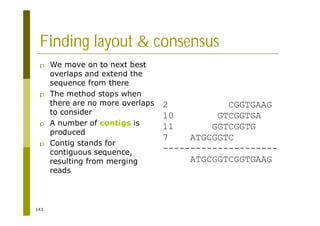 143
Finding layout & consensus
p We move on to next best
overlaps and extend the
sequence from there
p The method stops when
there are no more overlaps
to consider
p A number of contigs is
produced
p Contig stands for
contiguous sequence,
resulting from merging
reads
2 CGGTGAAG
10 GTCGGTGA
11 GGTCGGTG
7 ATGCGGTC
---------------------
ATGCGGTCGGTGAAG
 