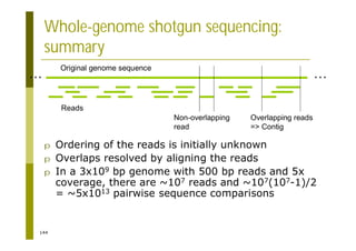 144
Whole-genome shotgun sequencing:
summary
p Ordering of the reads is initially unknown
p Overlaps resolved by aligning the reads
p In a 3x109 bp genome with 500 bp reads and 5x
coverage, there are ~107 reads and ~107(107-1)/2
= ~5x1013 pairwise sequence comparisons
… …
Original genome sequence
Reads
Non-overlapping
read
Overlapping reads
=> Contig
 