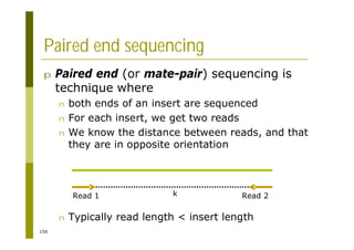 150
Paired end sequencing
p Paired end (or mate-pair) sequencing is
technique where
n both ends of an insert are sequenced
n For each insert, we get two reads
n We know the distance between reads, and that
they are in opposite orientation
n Typically read length < insert length
k
Read 1 Read 2
 