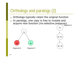 170
Orthologs and paralogs (2)
p Orthologs typically retain the original function
p In paralogs, one copy is free to mutate and
acquire new function (no selective pressure)
gA
gB gC
Organism B Organism C
gA
gA gA’
gB gC
Organism A
 