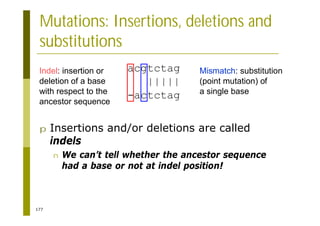 177
Mutations: Insertions, deletions and
substitutions
p Insertions and/or deletions are called
indels
n We can’t tell whether the ancestor sequence
had a base or not at indel position!
acgtctag
|||||
-actctag
Indel: insertion or
deletion of a base
with respect to the
ancestor sequence
Mismatch: substitution
(point mutation) of
a single base
 