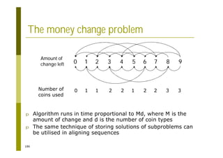186
The money change problem
0 1 2 3 4 5 6 7 8 9
Amount of
change left
p Algorithm runs in time proportional to Md, where M is the
amount of change and d is the number of coin types
p The same technique of storing solutions of subproblems can
be utilised in aligning sequences
Number of
coins used
0 1 1 2 2 1 2 2 3 3
 