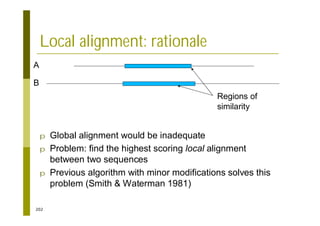 202
Local alignment: rationale
p Global alignment would be inadequate
p Problem: find the highest scoring local alignment
between two sequences
p Previous algorithm with minor modifications solves this
problem (Smith & Waterman 1981)
A
B
Regions of
similarity
 
