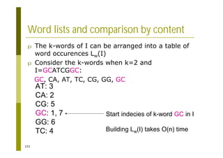 233
Word lists and comparison by content
p The k-words of I can be arranged into a table of
word occurences Lw(I)
p Consider the k-words when k=2 and
I=GCATCGGC:
GC, CA, AT, TC, CG, GG, GC
AT: 3
CA: 2
CG: 5
GC: 1, 7
GG: 6
TC: 4
Start indecies of k-word GC in I
Building Lw(I) takes O(n) time
 