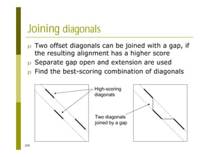 250
Joining diagonals
p Two offset diagonals can be joined with a gap, if
the resulting alignment has a higher score
p Separate gap open and extension are used
p Find the best-scoring combination of diagonals
High-scoring
diagonals
Two diagonals
joined by a gap
 