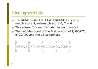 260
Finding seed hits
p I = GCATCGGC, J = CCATCGCCATCG, k = 5,
match score 1, mismatch score 0, T = 4
p This allows for one mismatch in each k-word
p The neighborhood of the first k-word of I, GCATC,
is GCATC and the 15 sequences
A A C A A
CCATC,G GATC,GC GTC,GCA CC,GCAT G
T T T G T
 