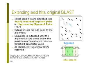 262
Extending seed hits: original BLAST
p Initial seed hits are extended into
locally maximal segment pairs
or High-scoring Segment Pairs
(HSP)
p Extensions do not add gaps to the
alignment
p Sequence is extended until the
alignment score drops below the
maximum attained score minus a
threshold parameter value
p All statistically significant HSPs
reported
AACCGTTCATTA
| || || ||
TAGCGATCTTTT
Initial seed hit
Extension
Altschul, S.F., Gish, W., Miller, W., Myers, E. W. and
Lipman, D. J., J. Mol. Biol., 215, 403-410, 1990
 