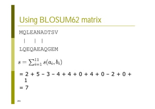 281
Using BLOSUM62 matrix
MQLEANADTSV
| | |
LQEQAEAQGEM
= 2 + 5 – 3 – 4 + 4 + 0 + 4 + 0 – 2 + 0 +
1
= 7
 