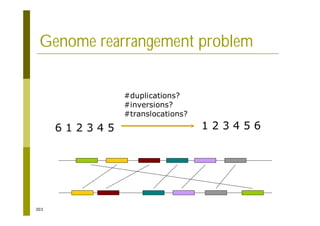 303
Genome rearrangement problem
6 1 2 3 4 5 1 2 3 4 5 6
#duplications?
#inversions?
#translocations?
 