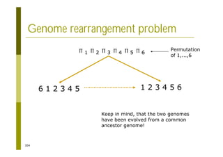 304
Genome rearrangement problem
6 1 2 3 4 5 1 2 3 4 5 6
1 2 3 4 5 6
Keep in mind, that the two genomes
have been evolved from a common
ancestor genome!
Permutation
of 1,...,6
 