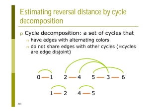 313
Estimating reversal distance by cycle
decomposition
p Cycle decomposition: a set of cycles that
n have edges with alternating colors
n do not share edges with other cycles (=cycles
are edge disjoint)
1 2 4 5 3
0 6
1 2 4 5
 