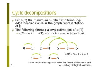 314
Cycle decompositions
p Let c( ) the maximum number of alternating,
edge-disjoint cycles in the graph representation
of
p The following formula allows estimation of d( )
n d( ) n + 1 – c( ), where n is the permutation length
1 2 4 5 3
0 6
1 2 4 5
d( ) 5 + 1 – 4 = 2
Claim in Deonier: equality holds for ”most of the usual and
interesting biological systems.
 