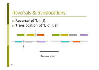 332
Reversals & translocations
p Reversal p( , i, j)
p Translocation p( , , i, j)
i
j
Translocation
 