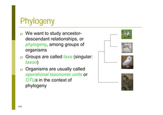345
Phylogeny
p We want to study ancestor-
descendant relationships, or
phylogeny, among groups of
organisms
p Groups are called taxa (singular:
taxon)
p Organisms are usually called
operational taxonomic units or
OTUs in the context of
phylogeny
 