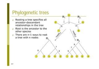 347
Phylogenetic trees
p Rooting a tree specifies all
ancestor-descendant
relationships in the tree
p Root is the ancestor to the
other species
p There are n-1 ways to root
a tree with n nodes
1
2
3
4
5
6
7
8
R1 R2
2 3 4 5
1
6
7
8
R1
2 3 4
5
1
6
7
8
R2
r
o
o
t
(
R
1
)
r
o
o
t
(
R
2
)
 