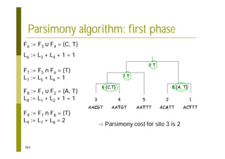 363
Parsimony algorithm: first phase
3
AACGT
4
AATGT
5
AATTT
2
ACATT
1
ACTTT
6 {C,T}
7 T
8 {A, T}
9 T
F8 := F1 F2 = {A, T}
L8 := L1 + L2 + 1 = 1
F6 := F3 F4 = {C, T}
L6 := L3 + L4 + 1 = 1
F7 := F5 F6 = {T}
L7 := L5 + L6 = 1
F9 := F7 F8 = {T}
L9 := L7 + L8 = 2
Parsimony cost for site 3 is 2
 