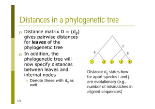 373
Distances in a phylogenetic tree
p Distance matrix D = (dij)
gives pairwise distances
for leaves of the
phylogenetic tree
p In addition, the
phylogenetic tree will
now specify distances
between leaves and
internal nodes
n Denote these with dij as
well
2 3 4 5
1
6
7
8
Distance dij states how
far apart species i and j
are evolutionary (e.g.,
number of mismatches in
aligned sequences)
 