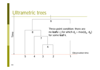 382
Ultrametric trees
9
8
7
5 4 3 2 1
6
Observation time
Time
Three-point condition: there are
no leafs i, j for which dij > max(dik, djk)
for some leaf k.
 