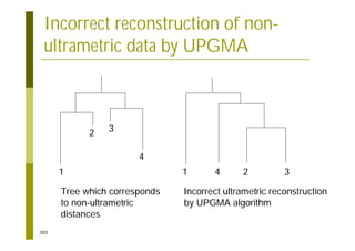 393
Incorrect reconstruction of non-
ultrametric data by UPGMA
1
2 3
4
1 2 3
4
Tree which corresponds
to non-ultrametric
distances
Incorrect ultrametric reconstruction
by UPGMA algorithm
 