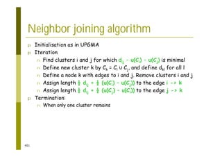 401
Neighbor joining algorithm
p Initialisation as in UPGMA
p Iteration
n Find clusters i and j for which dij – u(Ci) – u(Cj) is minimal
n Define new cluster k by Ck = Ci Cj, and define dkl for all l
n Define a node k with edges to i and j. Remove clusters i and j
n Assign length ½ dij + ½ (u(Ci) – u(Cj)) to the edge i -> k
n Assign length ½ dij + ½ (u(Cj) – u(Ci)) to the edge j -> k
p Termination:
n When only one cluster remains
 