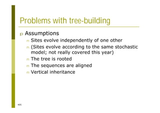 405
Problems with tree-building
p Assumptions
n Sites evolve independently of one other
n (Sites evolve according to the same stochastic
model; not really covered this year)
n The tree is rooted
n The sequences are aligned
n Vertical inheritance
 