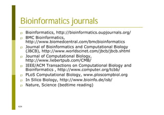 424
Bioinformatics journals
p Bioinformatics, http://bioinformatics.oupjournals.org/
p BMC Bioinformatics,
http://www.biomedcentral.com/bmcbioinformatics
p Journal of Bioinformatics and Computational Biology
(JBCB), http://www.worldscinet.com/jbcb/jbcb.shtml
p Journal of Computational Biology,
http://www.liebertpub.com/CMB/
p IEEE/ACM Transactions on Computational Biology and
Bioinformatics , http://www.computer.org/tcbb/
p PLoS Computational Biology, www.ploscompbiol.org
p In Silico Biology, http://www.bioinfo.de/isb/
p Nature, Science (bedtime reading)
 