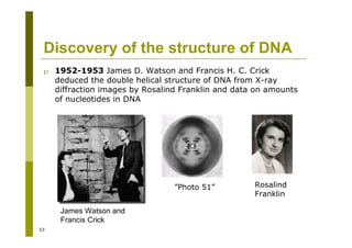 53
Discovery of the structure of DNA
p 1952-1953 James D. Watson and Francis H. C. Crick
deduced the double helical structure of DNA from X-ray
diffraction images by Rosalind Franklin and data on amounts
of nucleotides in DNA
James Watson and
Francis Crick
Rosalind
Franklin
”Photo 51”
 