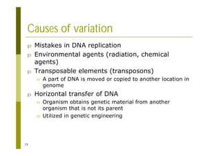 73
Causes of variation
p Mistakes in DNA replication
p Environmental agents (radiation, chemical
agents)
p Transposable elements (transposons)
n A part of DNA is moved or copied to another location in
genome
p Horizontal transfer of DNA
n Organism obtains genetic material from another
organism that is not its parent
n Utilized in genetic engineering
 