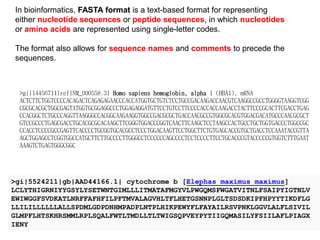 In bioinformatics, FASTA format is a text-based format for representing
either nucleotide sequences or peptide sequences, in which nucleotides
or amino acids are represented using single-letter codes.
The format also allows for sequence names and comments to precede the
sequences.
>gi|5524211|gb|AAD44166.1| cytochrome b [Elephas maximus maximus]
LCLYTHIGRNIYYGSYLYSETWNTGIMLLLITMATAFMGYVLPWGQMSFWGATVITNLFSAIPYIGTNLV
EWIWGGFSVDKATLNRFFAFHFILPFTMVALAGVHLTFLHETGSNNPLGLTSDSDKIPFHPYYTIKDFLG
LLILILLLLLLALLSPDMLGDPDNHMPADPLNTPLHIKPEWYFLFAYAILRSVPNKLGGVLALFLSIVIL
GLMPFLHTSKHRSMMLRPLSQALFWTLTMDLLTLTWIGSQPVEYPYTIIGQMASILYFSIILAFLPIAGX
IENY
>gi|14456711|ref|NM_000558.3| Homo sapiens hemoglobin, alpha 1 (HBA1), mRNA
ACTCTTCTGGTCCCCACAGACTCAGAGAGAACCCACCATGGTGCTGTCTCCTGCCGACAAGACCAACGTCAAGGCCGCCTGGGGTAAGGTCGG
CGCGCACGCTGGCGAGTATGGTGCGGAGGCCCTGGAGAGGATGTTCCTGTCCTTCCCCACCACCAAGACCTACTTCCCGCACTTCGACCTGAG
CCACGGCTCTGCCCAGGTTAAGGGCCACGGCAAGAAGGTGGCCGACGCGCTGACCAACGCCGTGGCGCACGTGGACGACATGCCCAACGCGCT
GTCCGCCCTGAGCGACCTGCACGCGCACAAGCTTCGGGTGGACCCGGTCAACTTCAAGCTCCTAAGCCACTGCCTGCTGGTGACCCTGGCCGC
CCACCTCCCCGCCGAGTTCACCCCTGCGGTGCACGCCTCCCTGGACAAGTTCCTGGCTTCTGTGAGCACCGTGCTGACCTCCAAATACCGTTA
AGCTGGAGCCTCGGTGGCCATGCTTCTTGCCCCTTGGGCCTCCCCCCAGCCCCTCCTCCCCTTCCTGCACCCGTACCCCCGTGGTCTTTGAAT
AAAGTCTGAGTGGGCGGC
 