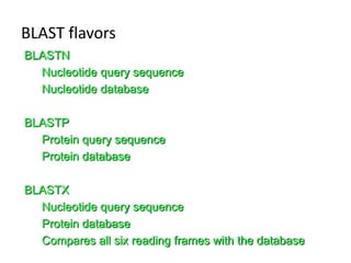 BLAST flavors
BLASTN
Nucleotide query sequence
Nucleotide database
BLASTP
Protein query sequence
Protein database
BLASTX
Nucleotide query sequence
Protein database
Compares all six reading frames with the database
 