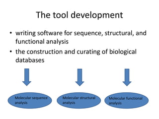 The tool development
• writing software for sequence, structural, and
functional analysis
• the construction and curating of biological
databases
Molecular functional
analysis
Molecular sequence
analysis
Molecular structural
analysis
 