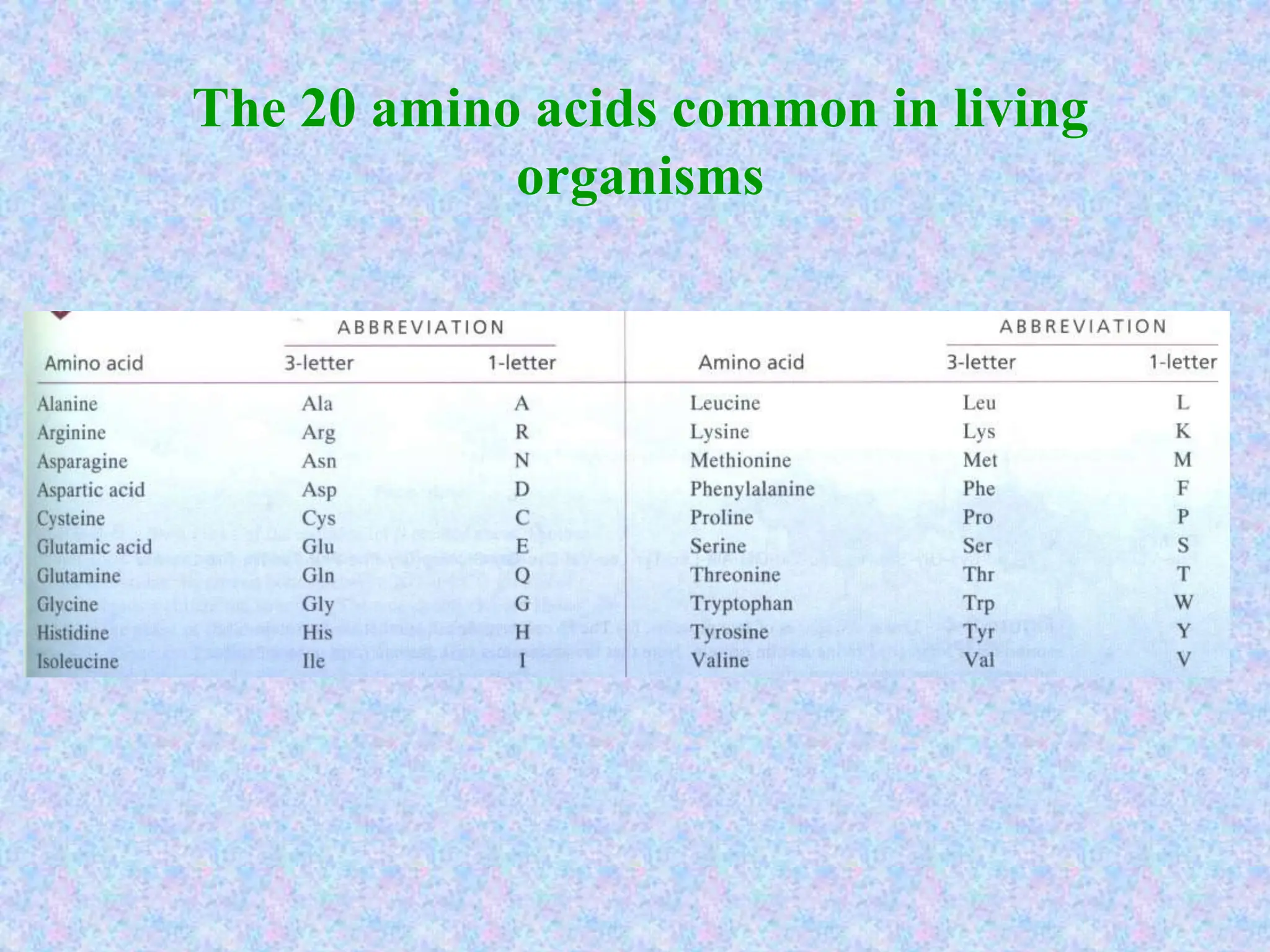 The 20 amino acids common in living
organisms
 