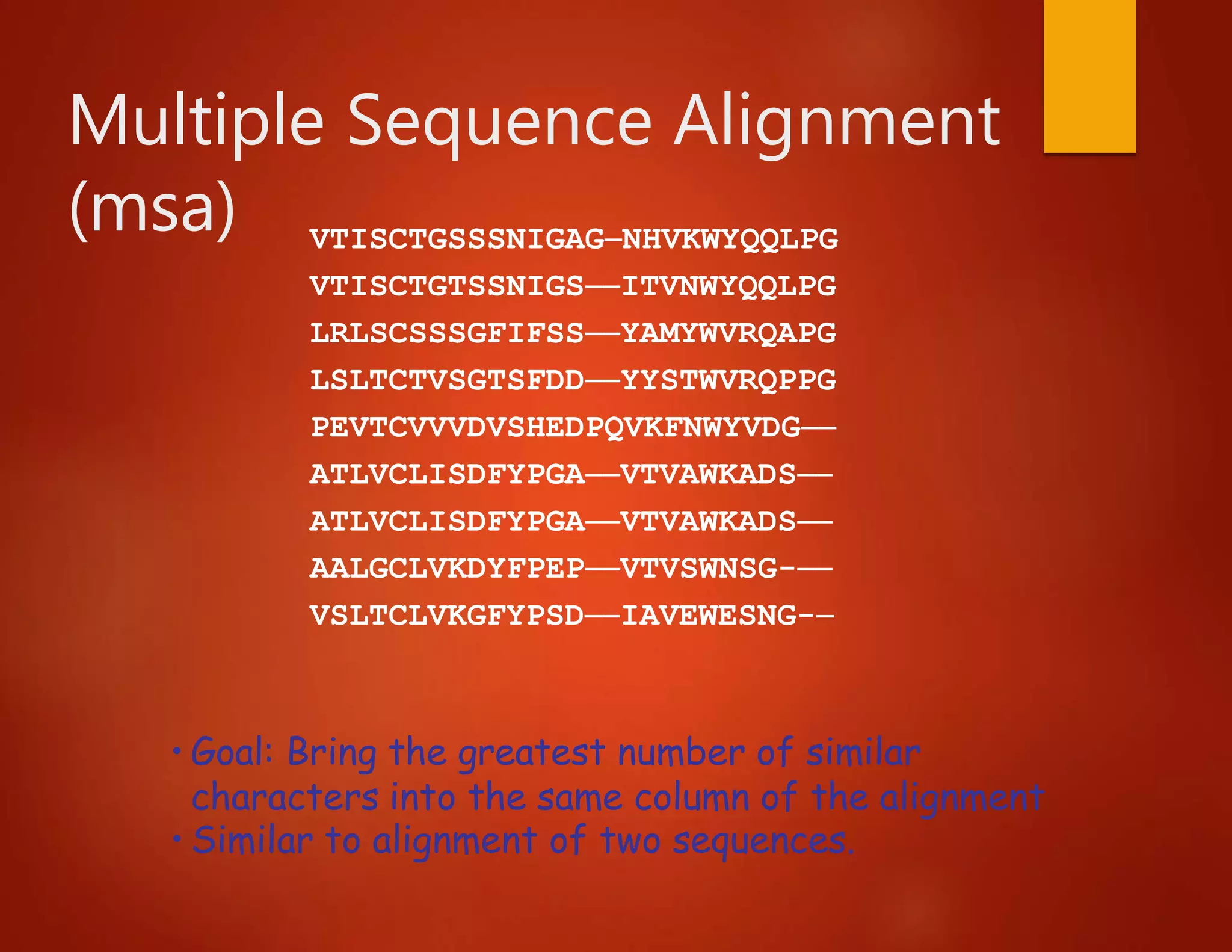 Multiple Sequence Alignment
(msa) VTISCTGSSSNIGAGNHVKWYQQLPG
VTISCTGTSSNIGSITVNWYQQLPG
LRLSCSSSGFIFSSYAMYWVRQAPG
LSLTCTVSGTSFDDYYSTWVRQPPG
PEVTCVVVDVSHEDPQVKFNWYVDG
ATLVCLISDFYPGAVTVAWKADS
ATLVCLISDFYPGAVTVAWKADS
AALGCLVKDYFPEPVTVSWNSG-
VSLTCLVKGFYPSDIAVEWESNG-
• Goal: Bring the greatest number of similar
characters into the same column of the alignment
• Similar to alignment of two sequences.
 