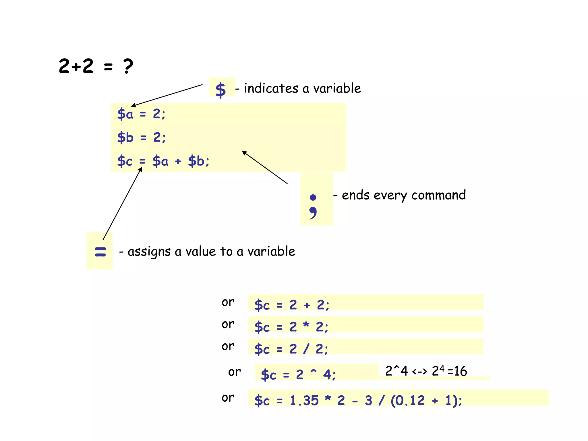 2+2 = ? $a = 2; $b = 2; $c = $a + $b; $ - indicates a variable ; - ends every command = - assigns a value to a variable $c = 2 + 2;or $c = 2 * 2;or $c = 2 / 2;or $c = 2 ^ 4;or 2^4 <-> 24 =16 $c = 1.35 * 2 - 3 / (0.12 + 1);or 