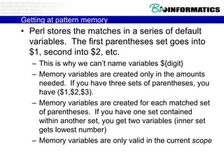 Getting at pattern memory

• Perl stores the matches in a series of default
variables. The first parentheses set goes into
$1, second into $2, etc.
– This is why we can‟t name variables ${digit}
– Memory variables are created only in the amounts
needed. If you have three sets of parentheses, you
have ($1,$2,$3).
– Memory variables are created for each matched set
of parentheses. If you have one set contained
within another set, you get two variables (inner set
gets lowest number)
– Memory variables are only valid in the current scope

 