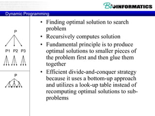 Dynamic Programming 
• Finding optimal solution to search 
problem 
• Recursively computes solution 
• Fundamental principle is to produce 
optimal solutions to smaller pieces of 
the problem first and then glue them 
together 
• Efficient divide-and-conquer strategy 
because it uses a bottom-up approach 
and utilizes a look-up table instead of 
recomputing optimal solutions to sub-problems 
P 
P1 P2 P3 
P 
 