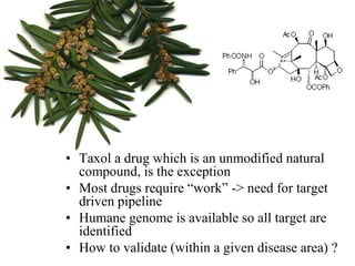 • Taxol a drug which is an unmodified natural
compound, is the exception
• Most drugs require “work” -> need for target
driven pipeline
• Humane genome is available so all target are
identified
• How to validate (within a given disease area) ?

 