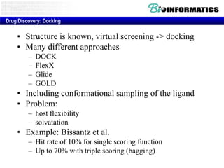 Drug Discovery: Docking

• Structure is known, virtual screening -> docking
• Many different approaches
–
–
–
–

DOCK
FlexX
Glide
GOLD

• Including conformational sampling of the ligand
• Problem:
– host flexibility
– solvatation

• Example: Bissantz et al.
– Hit rate of 10% for single scoring function
– Up to 70% with triple scoring (bagging)

 