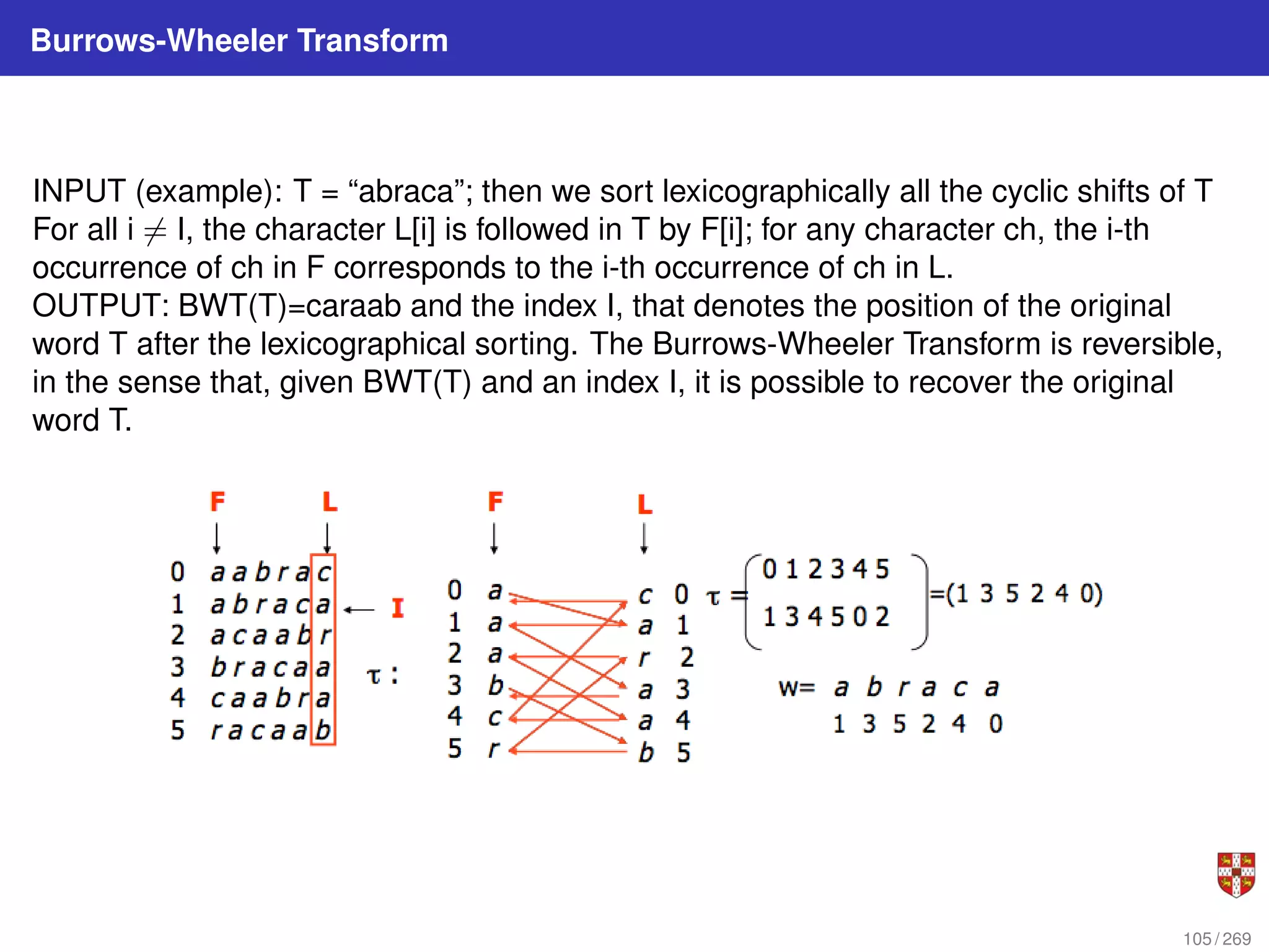Burrows-Wheeler Transform
INPUT (example): T = “abraca”; then we sort lexicographically all the cyclic shifts of T
For all i 6= I, the character L[i] is followed in T by F[i]; for any character ch, the i-th
occurrence of ch in F corresponds to the i-th occurrence of ch in L.
OUTPUT: BWT(T)=caraab and the index I, that denotes the position of the original
word T after the lexicographical sorting. The Burrows-Wheeler Transform is reversible,
in the sense that, given BWT(T) and an index I, it is possible to recover the original
word T.
105 / 269
 