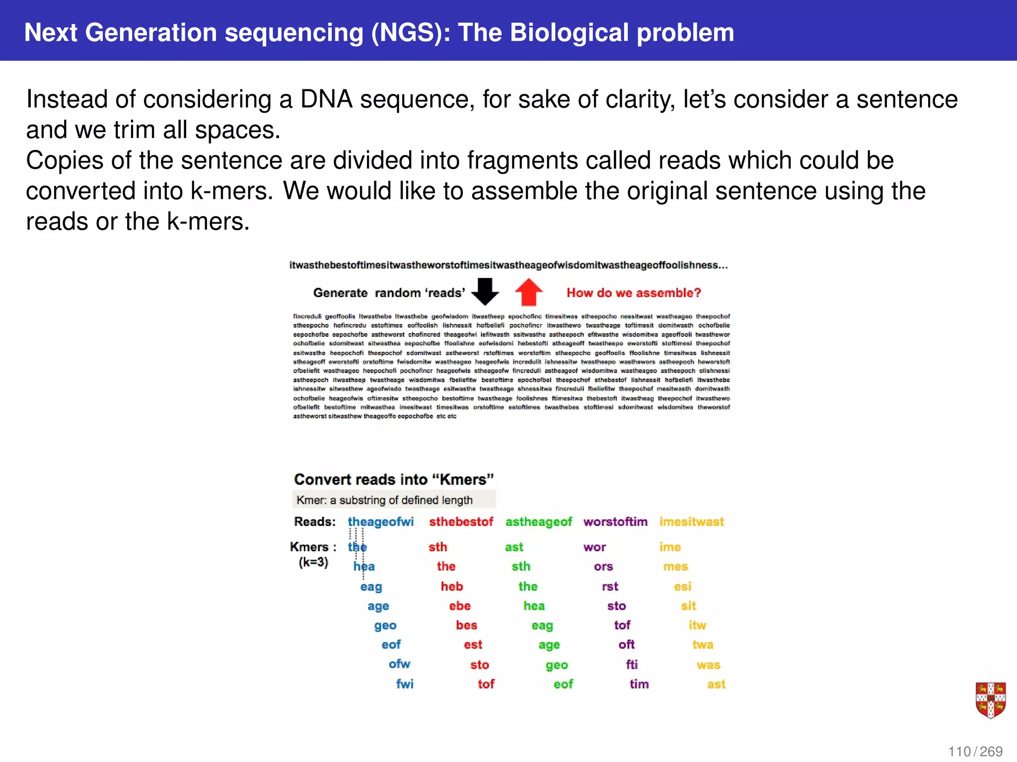 Next Generation sequencing (NGS): The Biological problem
Instead of considering a DNA sequence, for sake of clarity, let’s consider a sentence
and we trim all spaces.
Copies of the sentence are divided into fragments called reads which could be
converted into k-mers. We would like to assemble the original sentence using the
reads or the k-mers.
110 / 269
 