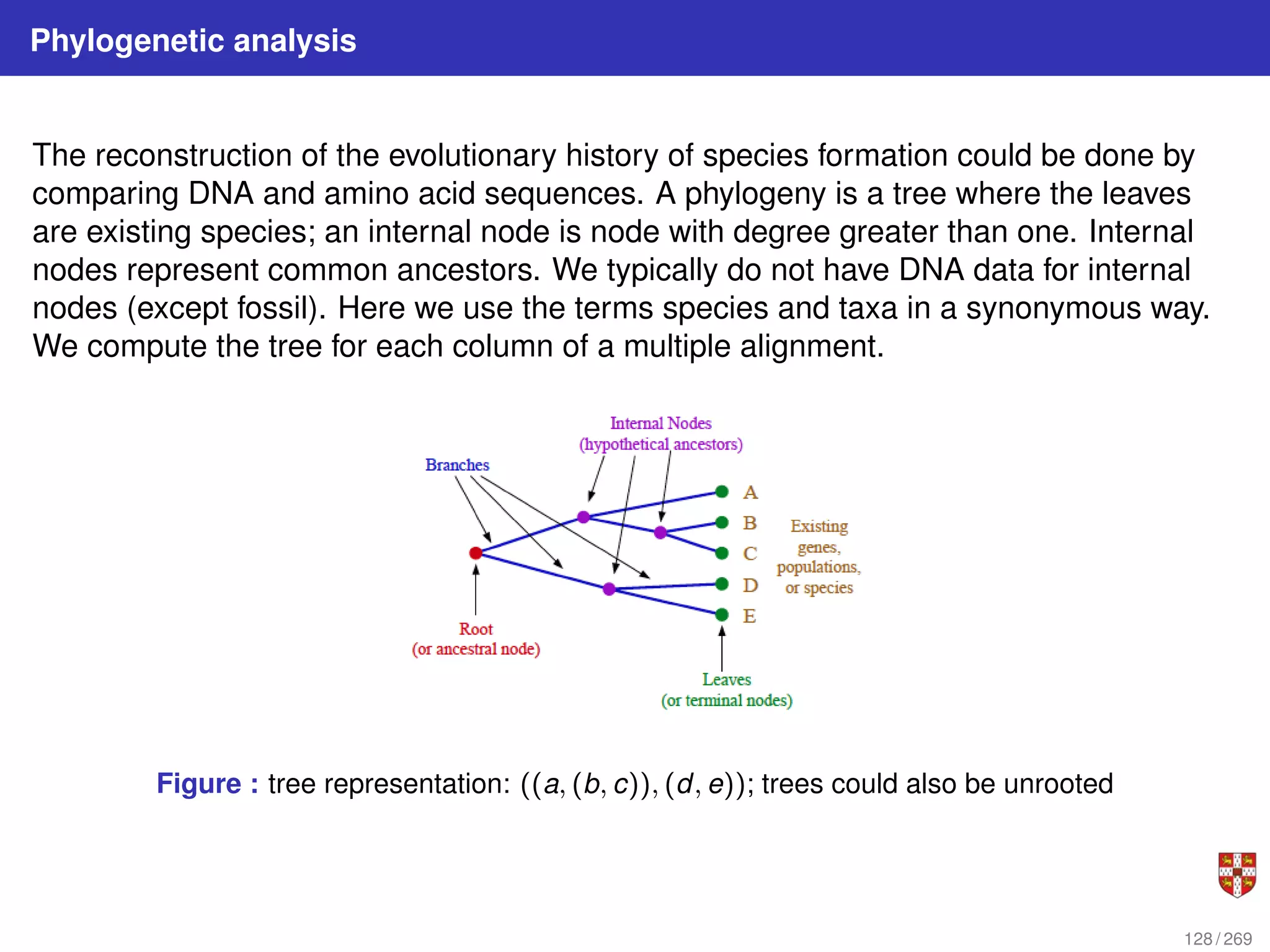 Phylogenetic analysis
The reconstruction of the evolutionary history of species formation could be done by
comparing DNA and amino acid sequences. A phylogeny is a tree where the leaves
are existing species; an internal node is node with degree greater than one. Internal
nodes represent common ancestors. We typically do not have DNA data for internal
nodes (except fossil). Here we use the terms species and taxa in a synonymous way.
We compute the tree for each column of a multiple alignment.
Figure : tree representation: ((a, (b, c)), (d, e)); trees could also be unrooted
128 / 269
 