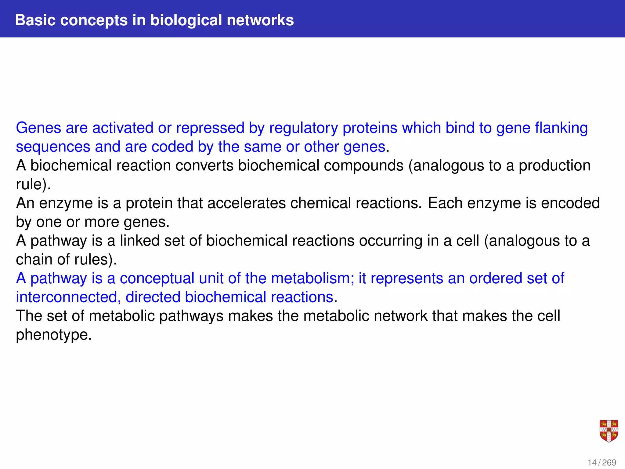 Basic concepts in biological networks
Genes are activated or repressed by regulatory proteins which bind to gene flanking
sequences and are coded by the same or other genes.
A biochemical reaction converts biochemical compounds (analogous to a production
rule).
An enzyme is a protein that accelerates chemical reactions. Each enzyme is encoded
by one or more genes.
A pathway is a linked set of biochemical reactions occurring in a cell (analogous to a
chain of rules).
A pathway is a conceptual unit of the metabolism; it represents an ordered set of
interconnected, directed biochemical reactions.
The set of metabolic pathways makes the metabolic network that makes the cell
phenotype.
14 / 269
 