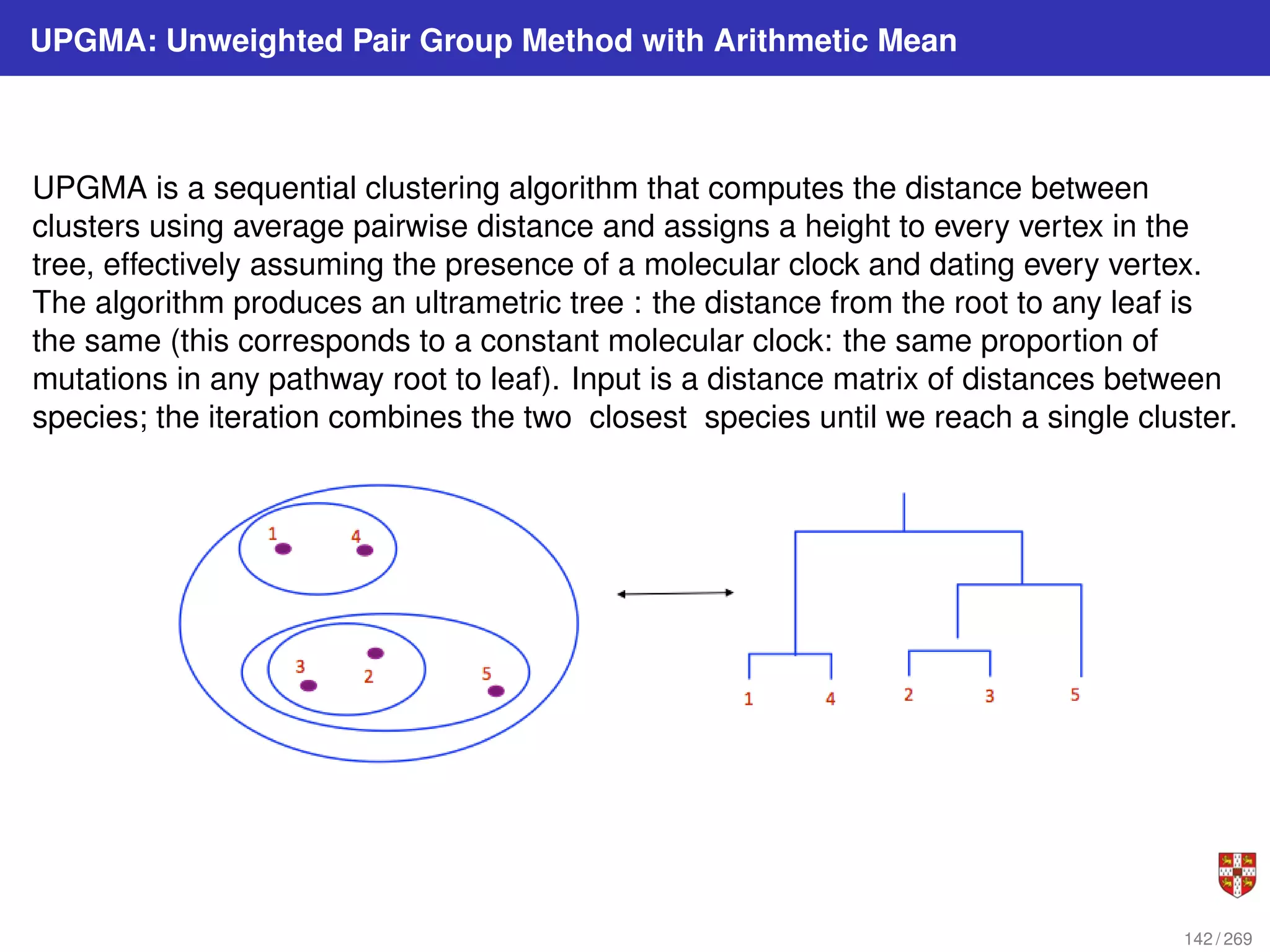UPGMA: Unweighted Pair Group Method with Arithmetic Mean
UPGMA is a sequential clustering algorithm that computes the distance between
clusters using average pairwise distance and assigns a height to every vertex in the
tree, effectively assuming the presence of a molecular clock and dating every vertex.
The algorithm produces an ultrametric tree : the distance from the root to any leaf is
the same (this corresponds to a constant molecular clock: the same proportion of
mutations in any pathway root to leaf). Input is a distance matrix of distances between
species; the iteration combines the two closest species until we reach a single cluster.
142 / 269
 