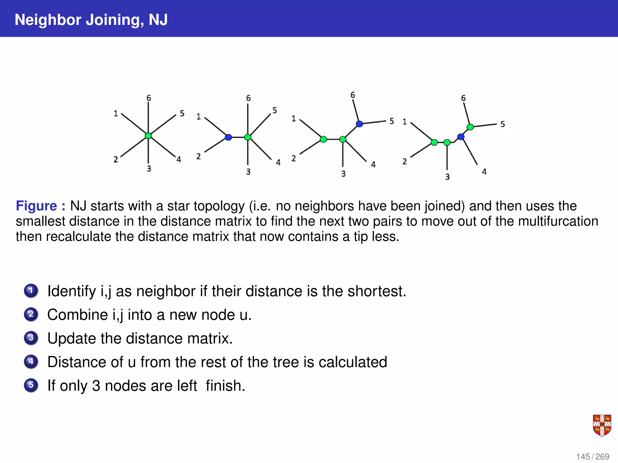 Neighbor Joining, NJ
Figure : NJ starts with a star topology (i.e. no neighbors have been joined) and then uses the
smallest distance in the distance matrix to find the next two pairs to move out of the multifurcation
then recalculate the distance matrix that now contains a tip less.
1 Identify i,j as neighbor if their distance is the shortest.
2 Combine i,j into a new node u.
3 Update the distance matrix.
4 Distance of u from the rest of the tree is calculated
5 If only 3 nodes are left finish.
145 / 269
 