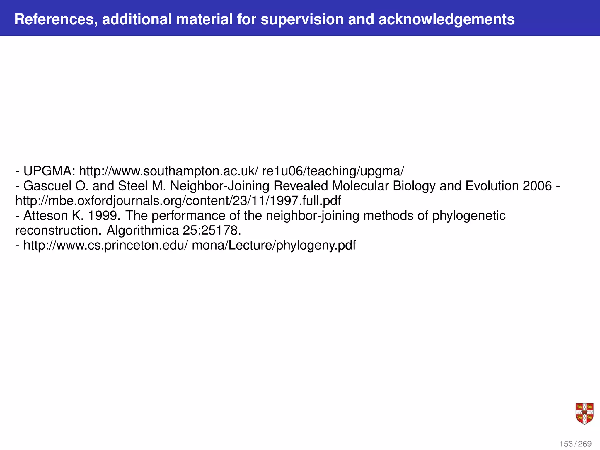 References, additional material for supervision and acknowledgements
- UPGMA: http://www.southampton.ac.uk/ re1u06/teaching/upgma/
- Gascuel O. and Steel M. Neighbor-Joining Revealed Molecular Biology and Evolution 2006 -
http://mbe.oxfordjournals.org/content/23/11/1997.full.pdf
- Atteson K. 1999. The performance of the neighbor-joining methods of phylogenetic
reconstruction. Algorithmica 25:25178.
- http://www.cs.princeton.edu/ mona/Lecture/phylogeny.pdf
153 / 269
 