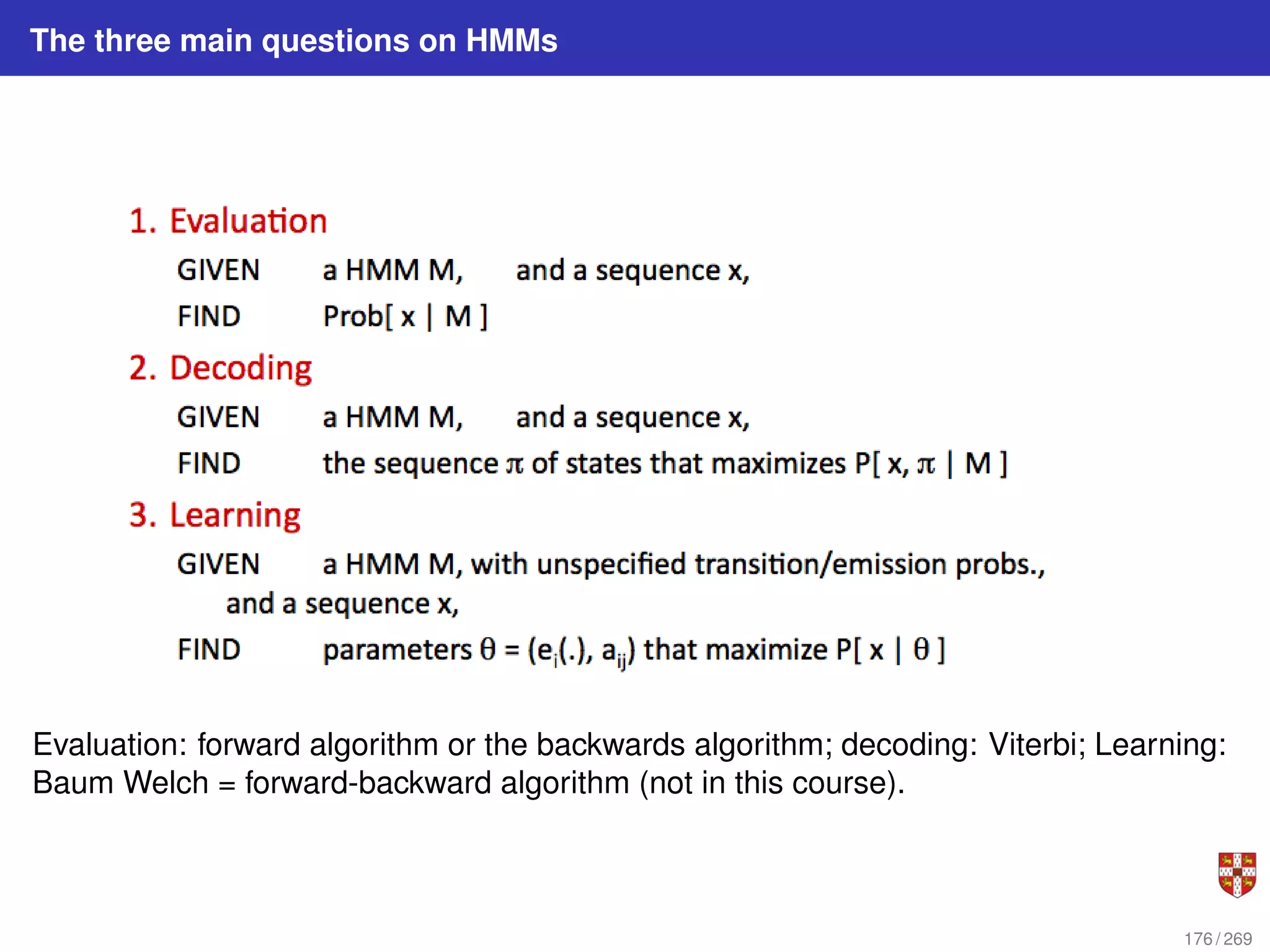 The three main questions on HMMs
Evaluation: forward algorithm or the backwards algorithm; decoding: Viterbi; Learning:
Baum Welch = forward-backward algorithm (not in this course).
176 / 269
 