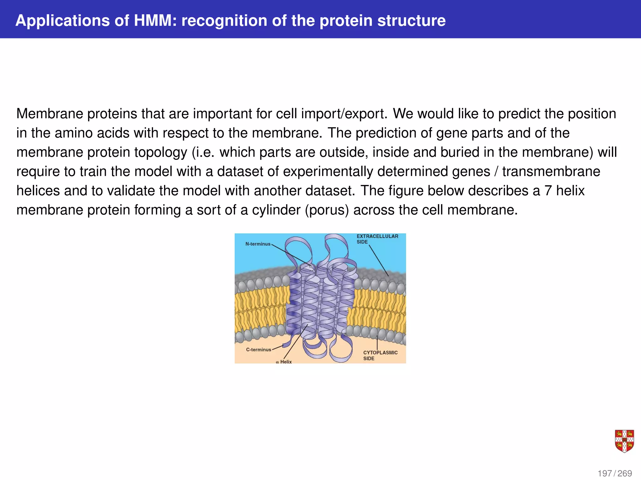 Applications of HMM: recognition of the protein structure
Membrane proteins that are important for cell import/export. We would like to predict the position
in the amino acids with respect to the membrane. The prediction of gene parts and of the
membrane protein topology (i.e. which parts are outside, inside and buried in the membrane) will
require to train the model with a dataset of experimentally determined genes / transmembrane
helices and to validate the model with another dataset. The figure below describes a 7 helix
membrane protein forming a sort of a cylinder (porus) across the cell membrane.
197 / 269
 